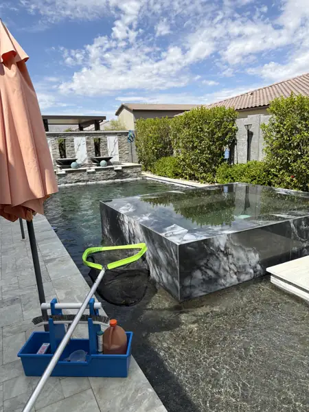 Spencer's caddy and skimmer net beside a clean pool